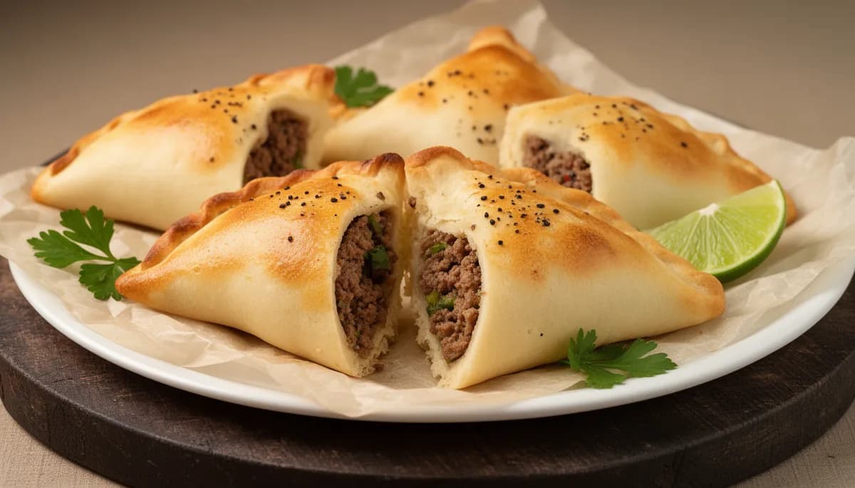 Esfihas fechadas de carne douradas em assadeira com papel manteiga, massa crocante e recheio visível na unidade cortada