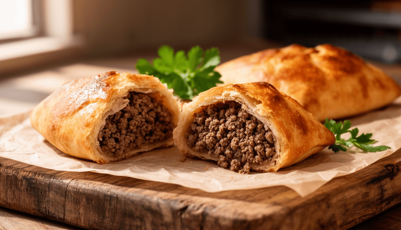 Esfiha fechada recém-assada com massa dourada crocante e recheio de carne suculenta visível em corte transversal, sobre tábua