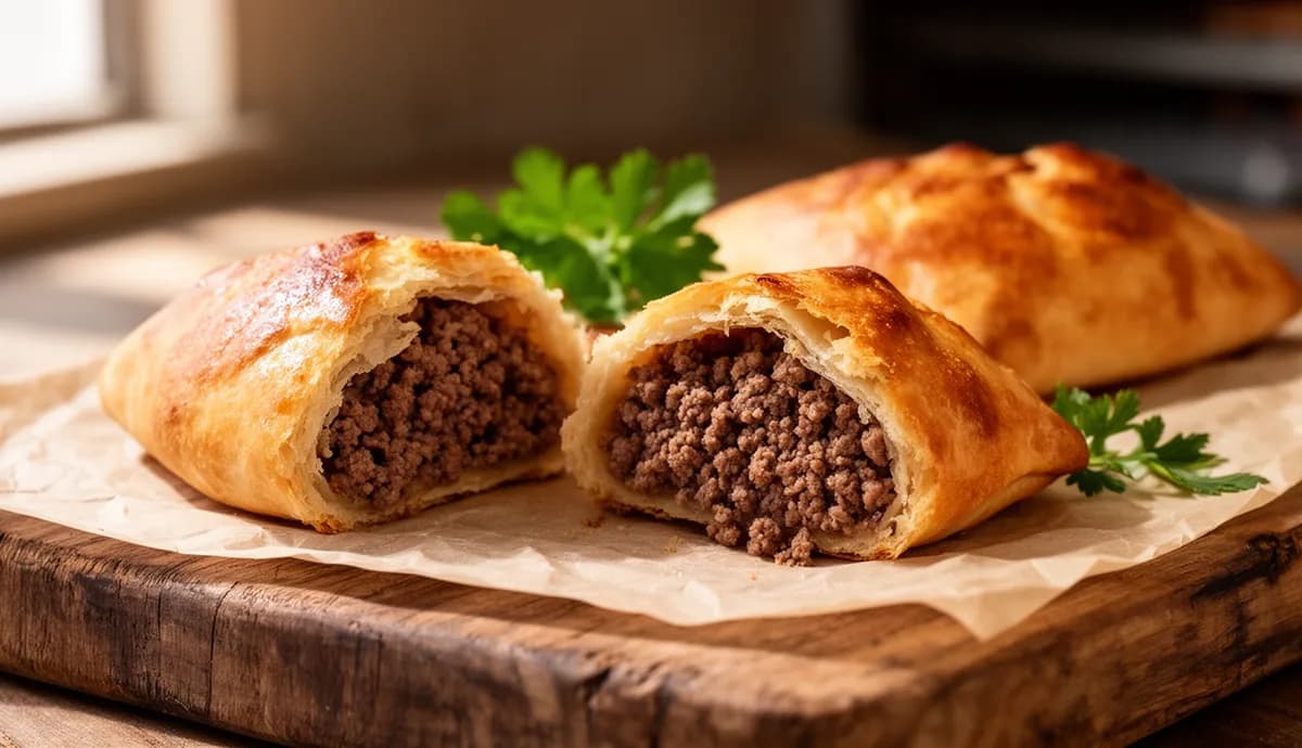 Esfiha fechada recém-assada com massa dourada crocante e recheio de carne suculenta visível em corte transversal, sobre tábua