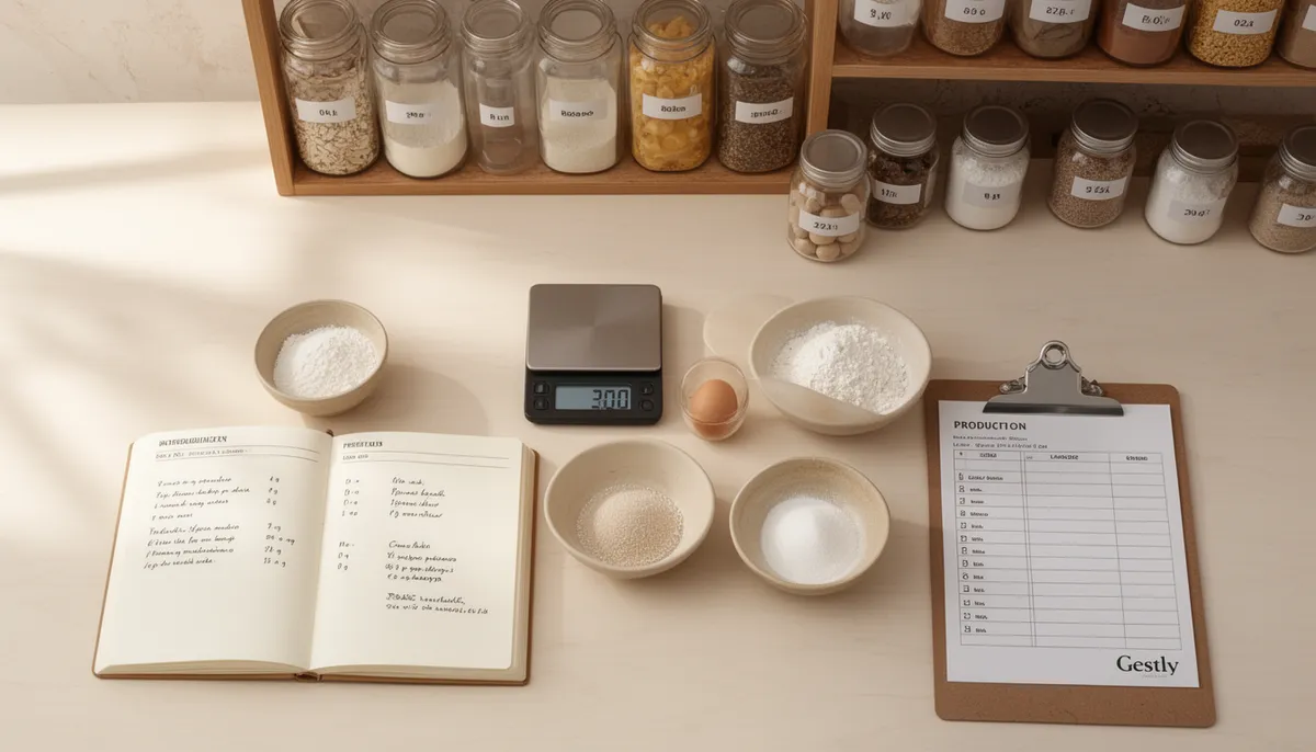 Bancada de confeitaria organizada com ingredientes medidos em gramas, receita padronizada e checklist de produção sob iluminação natural