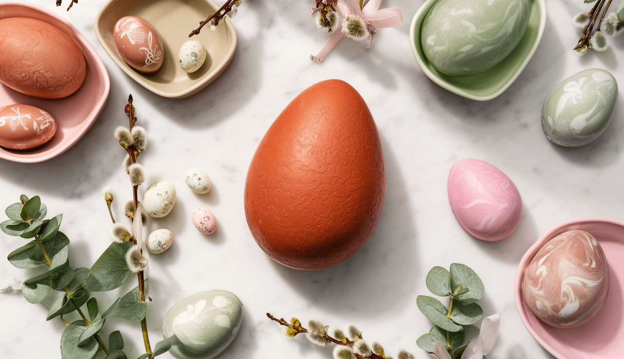 Ovos de chocolate texturizados e marmorizados em tons pastel sobre superfície de mármore branco com ramos de eucalipto, composição profissional para food styling