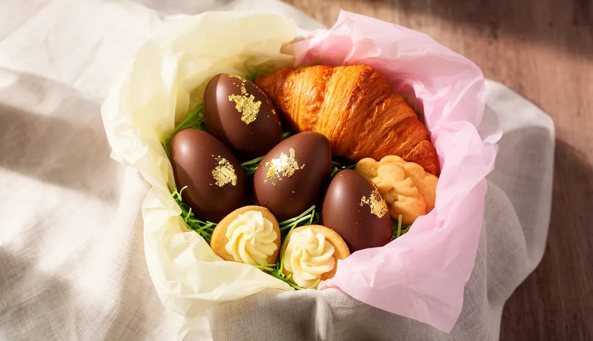 Cesta de Páscoa gourmet com ovos de chocolate, croissants caseiros e biscoitos amanteigados em papel de seda pastel