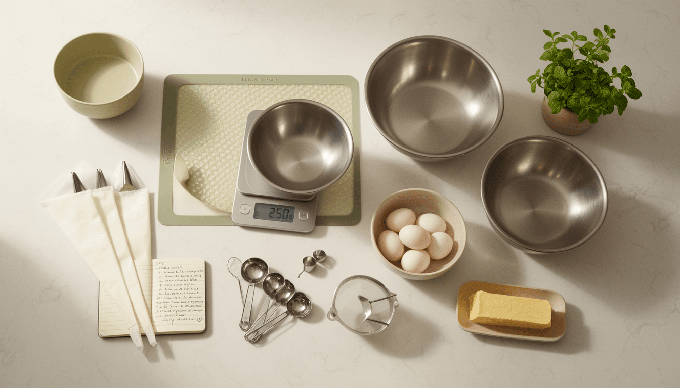 Kit de equipamentos essenciais para começar confeitaria caseira: balança digital, tigelas, formas, colheres medidoras e ingredientes básicos sobre bancada de mármore com luz natural