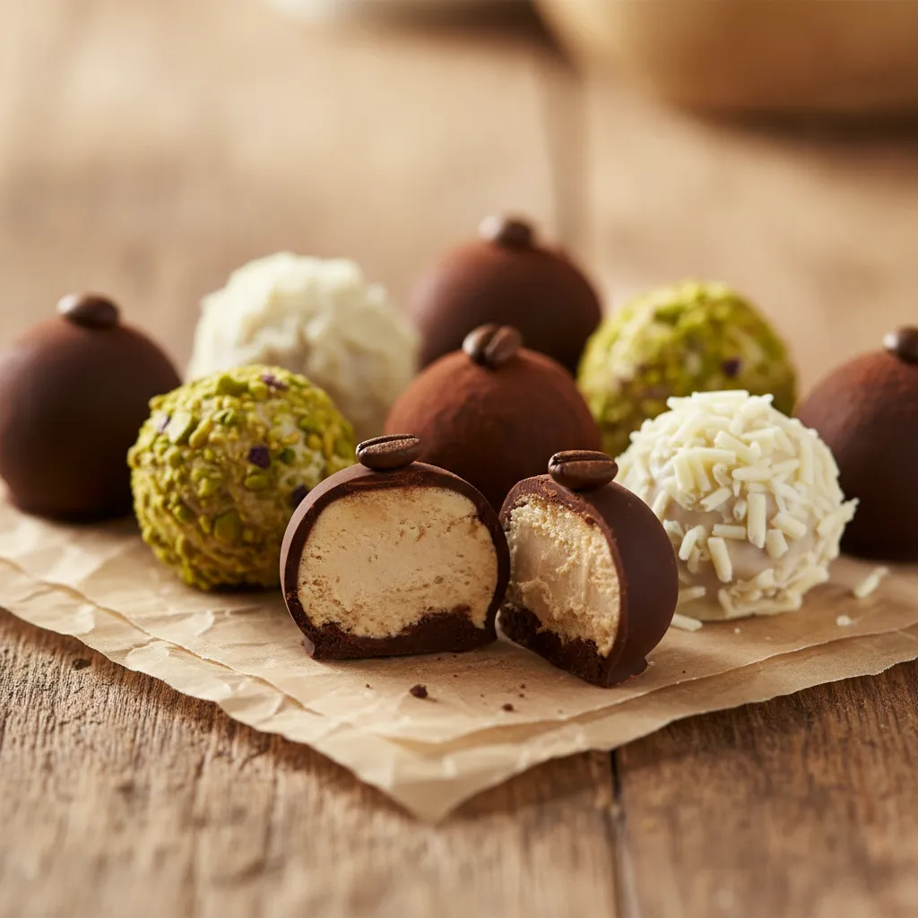 Kit de trufas gourmet sortidas sobre papel kraft: trufa de chocolate ao leite, pistache, coco e café, uma cortada ao meio mostrando a ganache cremosa.
