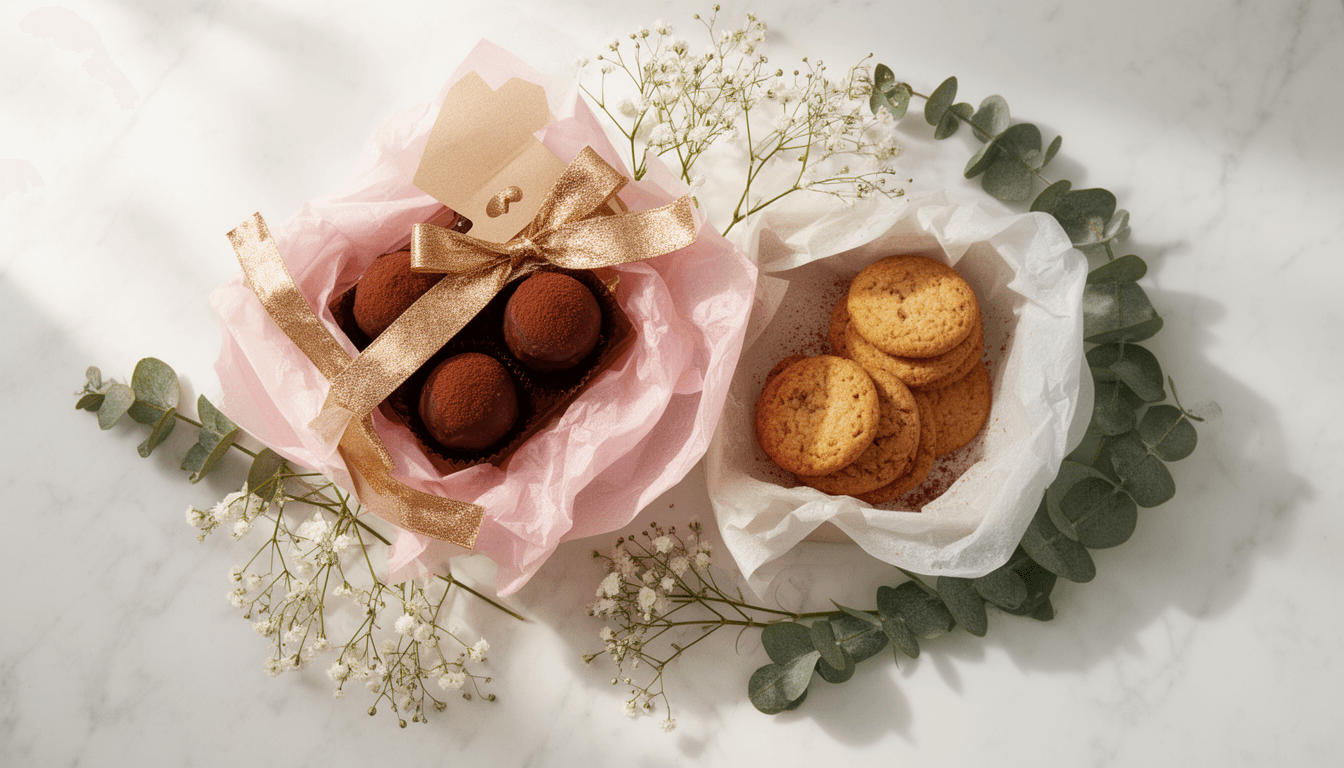 Kit presente Dia das Mães com trufas de chocolate, biscoitos amanteigados, embalagem kraft e fita dourada sobre mármore branco