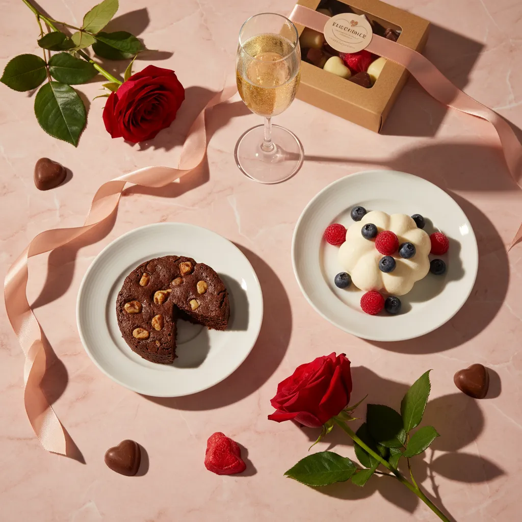 Kit Dia dos Namorados com mini brownie de chocolate e mousse branco com frutas vermelhas em embalagem premium