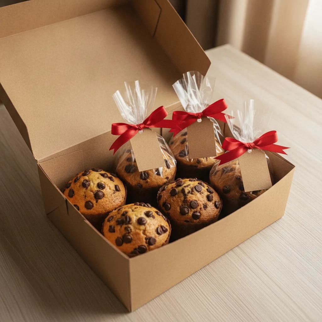 Mini chocotones em forminhas de papel embalados um a um em celofane com fita vermelha e tag, arrumados numa caixa para entrega