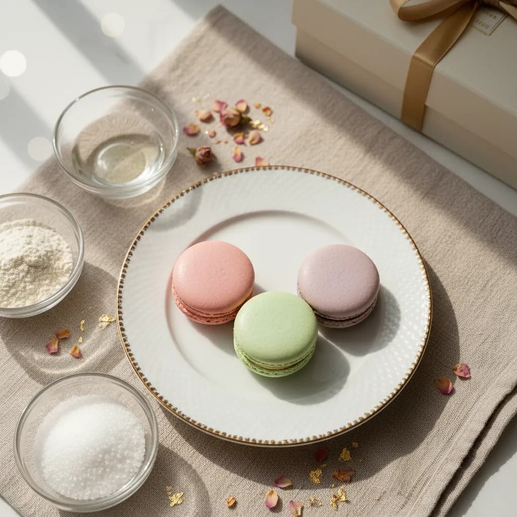 Três macarons franceses em cores pastel arrumados em prato branco com detalhes dourados, cercados por ingredientes e pétalas de rosa desidratadas, iluminação natural suave