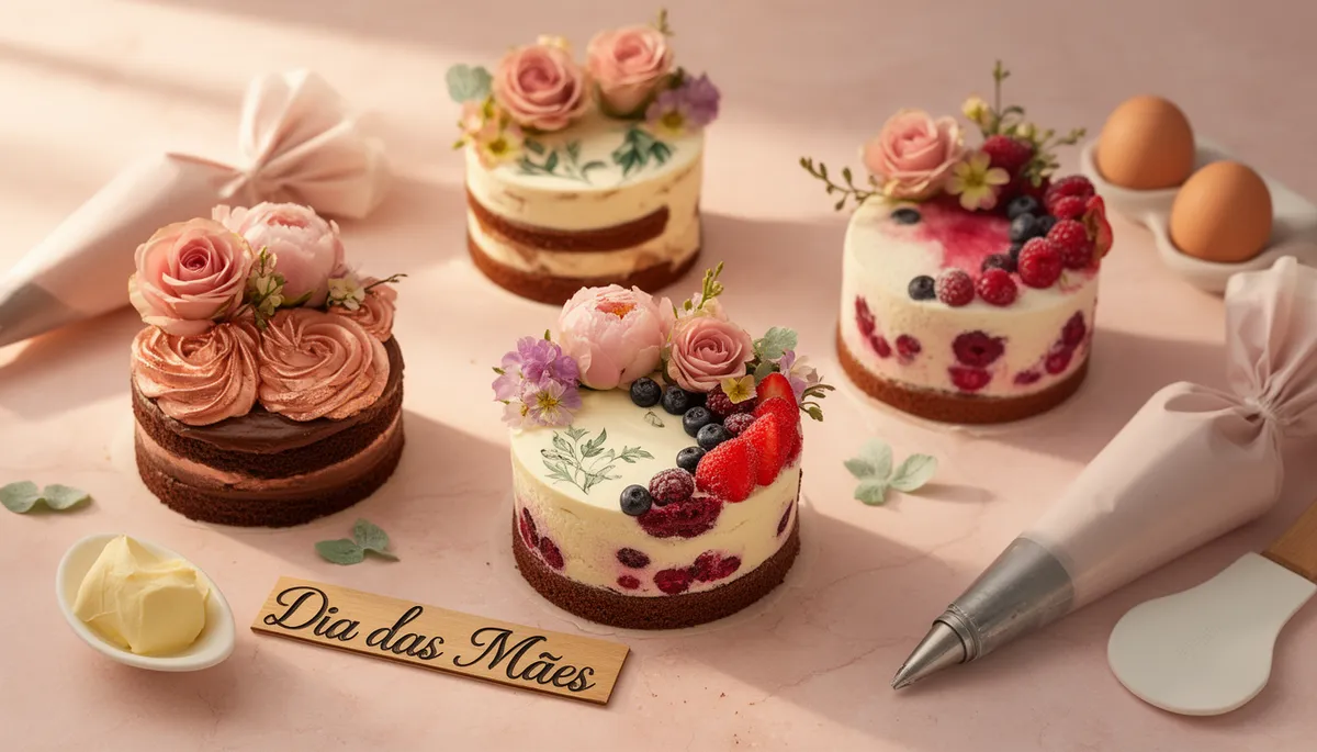 Três mini bolos confeitados personalizados para Dia das Mães com decoração em buttercream rosa e flores frescas sobre superfície de mármore rosa