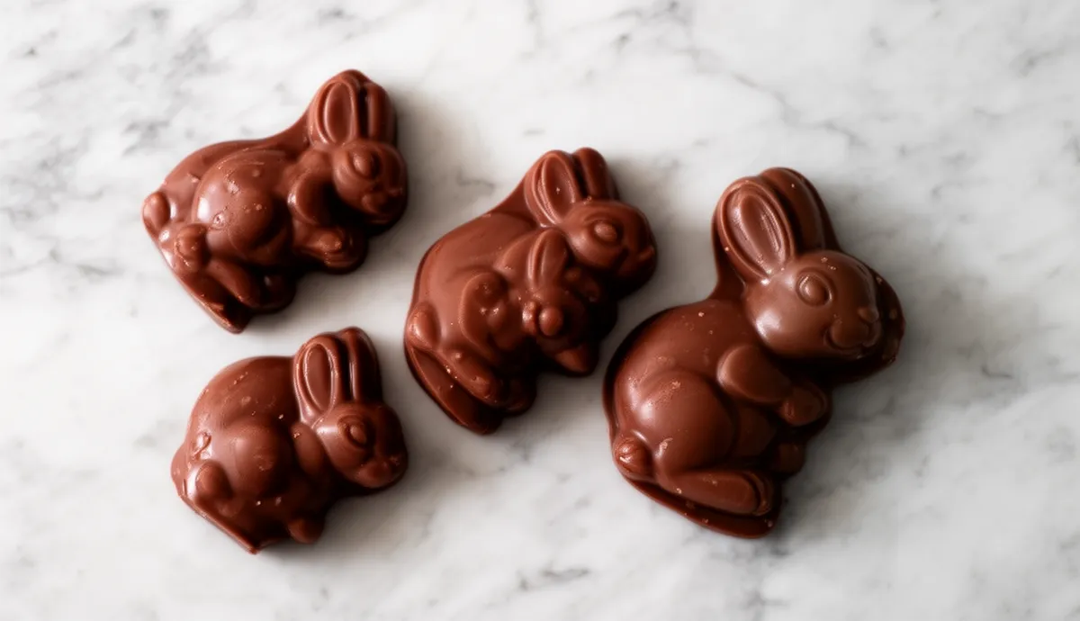 Mini coelhos de chocolate nobre e fracionado com recheio de ganache, embalados em papel dourado, sobre superfície de mármore com ramos de eucalipto