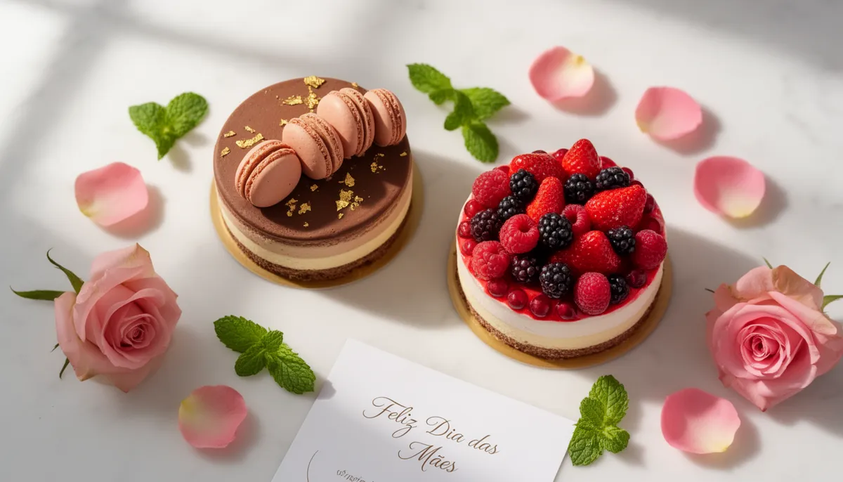 Dois minibolos elegantes decorados com frutas vermelhas e folha de ouro em superfície de mármore com luz natural