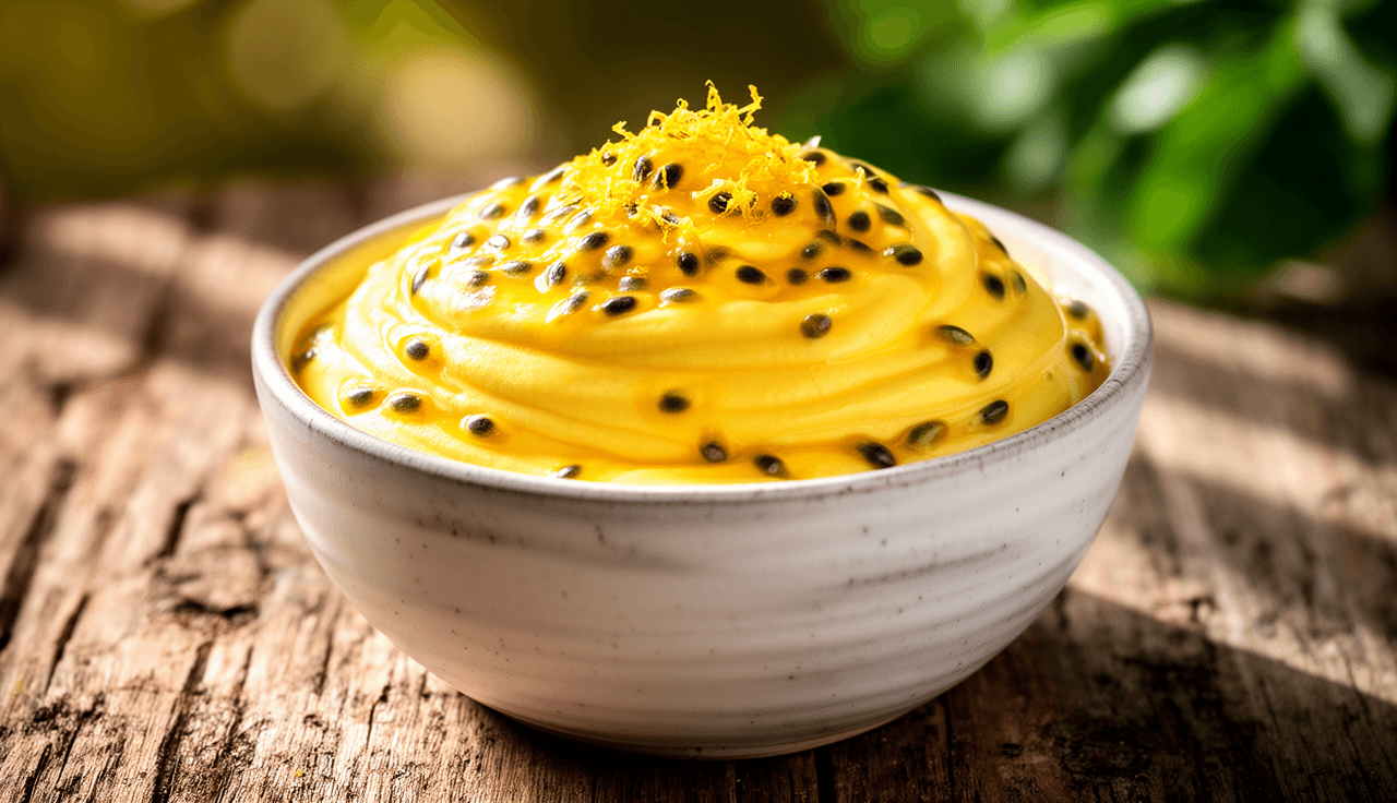 Mousse de maracujá em taça de vidro com cobertura de chocolate e sementes de maracujá, apresentação profissional para confeitaria