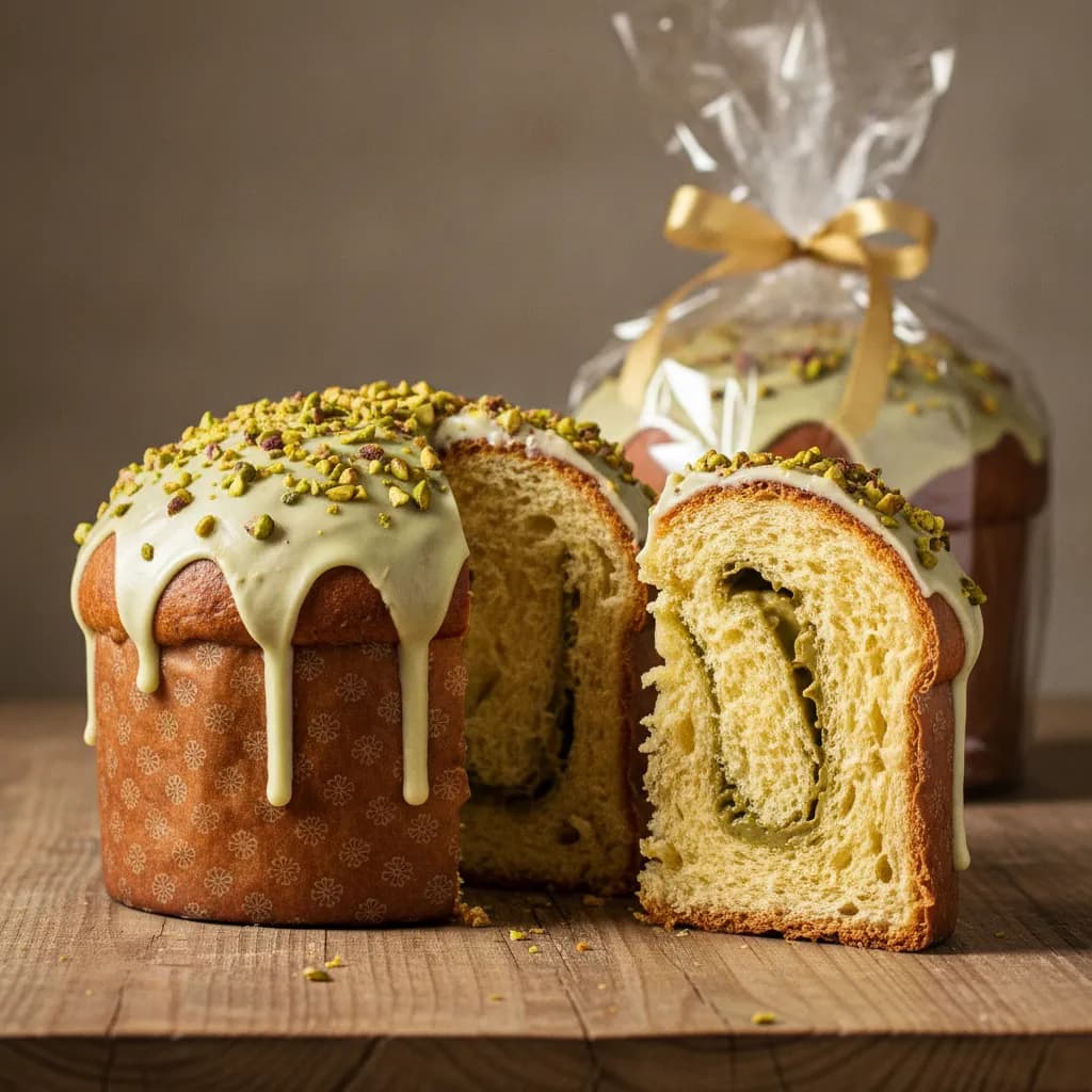 Panetone de pistache com cobertura de chocolate branco e pistache picado, cortado mostrando o recheio verde, e outro embalado em celofane com fita dourada