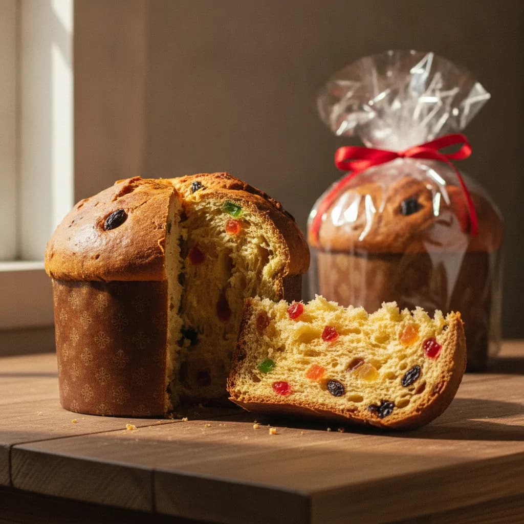 Panetone tradicional caseiro cortado, com frutas cristalizadas e uvas-passas, ao lado de um panetone embalado em celofane com fita vermelha para venda