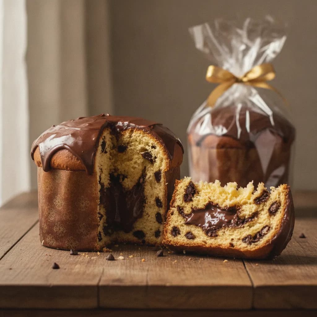 Panetone trufado caseiro com cobertura de chocolate, cortado mostrando gotas de chocolate e recheio de trufa, ao lado de um panetone embalado em celofane com fita dourada