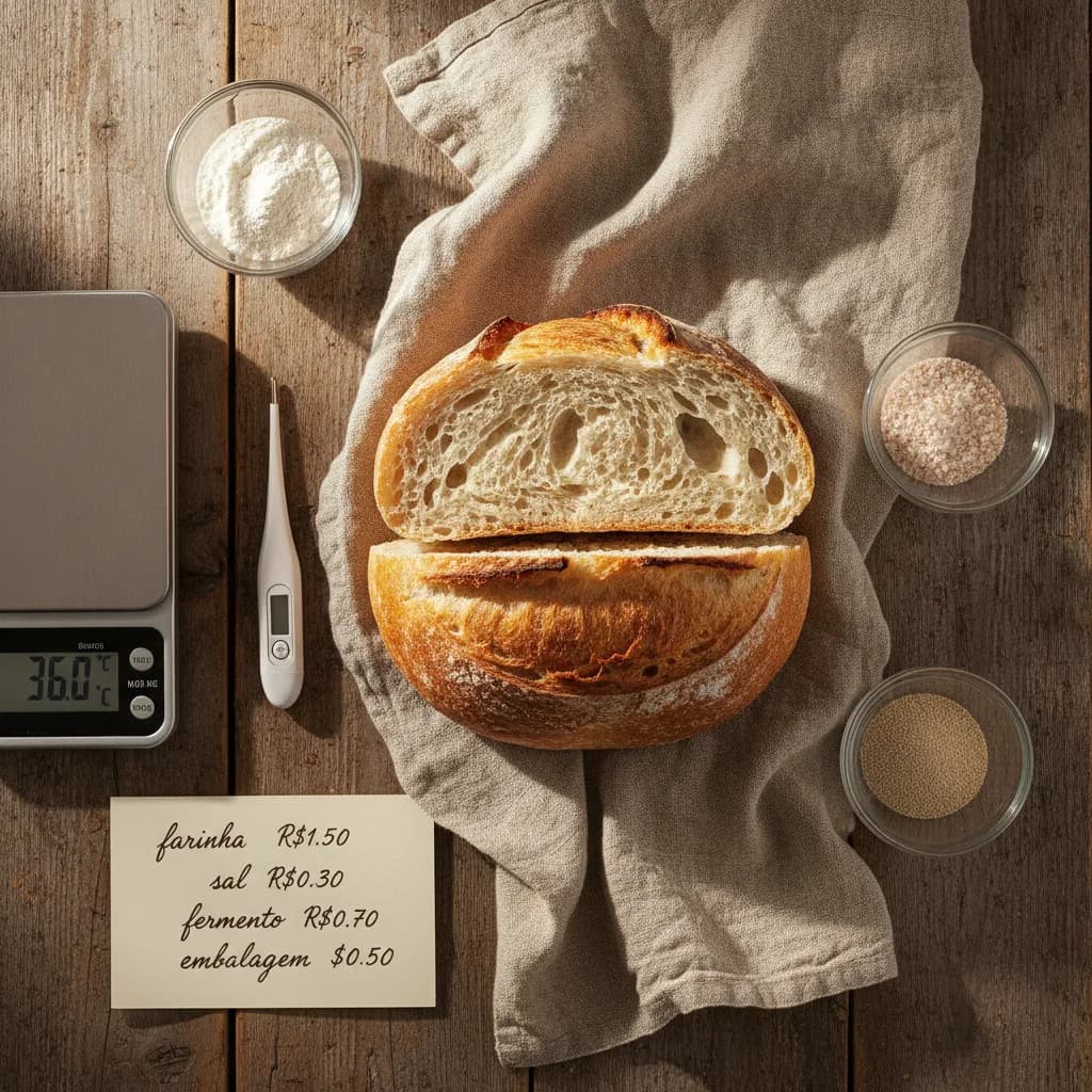 Pão caseiro de 500 g cortado ao meio sobre grade, com miolo leve e casca dourada