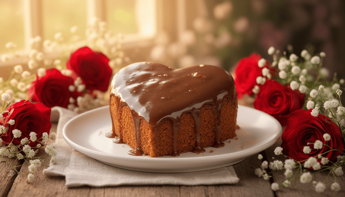 Bolo pão de mel em formato de coração com cobertura de chocolate, decorado com rosas vermelhas e flores de respiração de bebê sobre prato branco