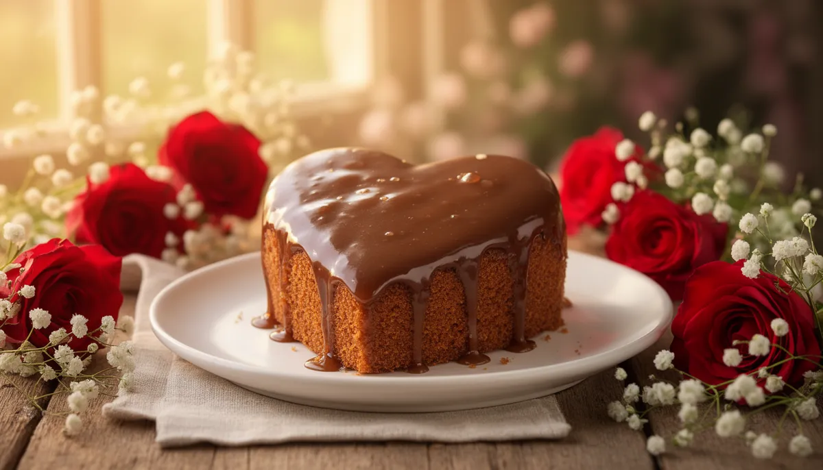 Bolo pão de mel em formato de coração com cobertura de chocolate, decorado com rosas vermelhas e flores de respiração de bebê sobre prato branco