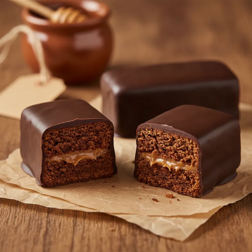 Pão de mel caseiro com cobertura de chocolate e recheio de doce de leite em prato branco, acompanhado de canela, cravo e mel