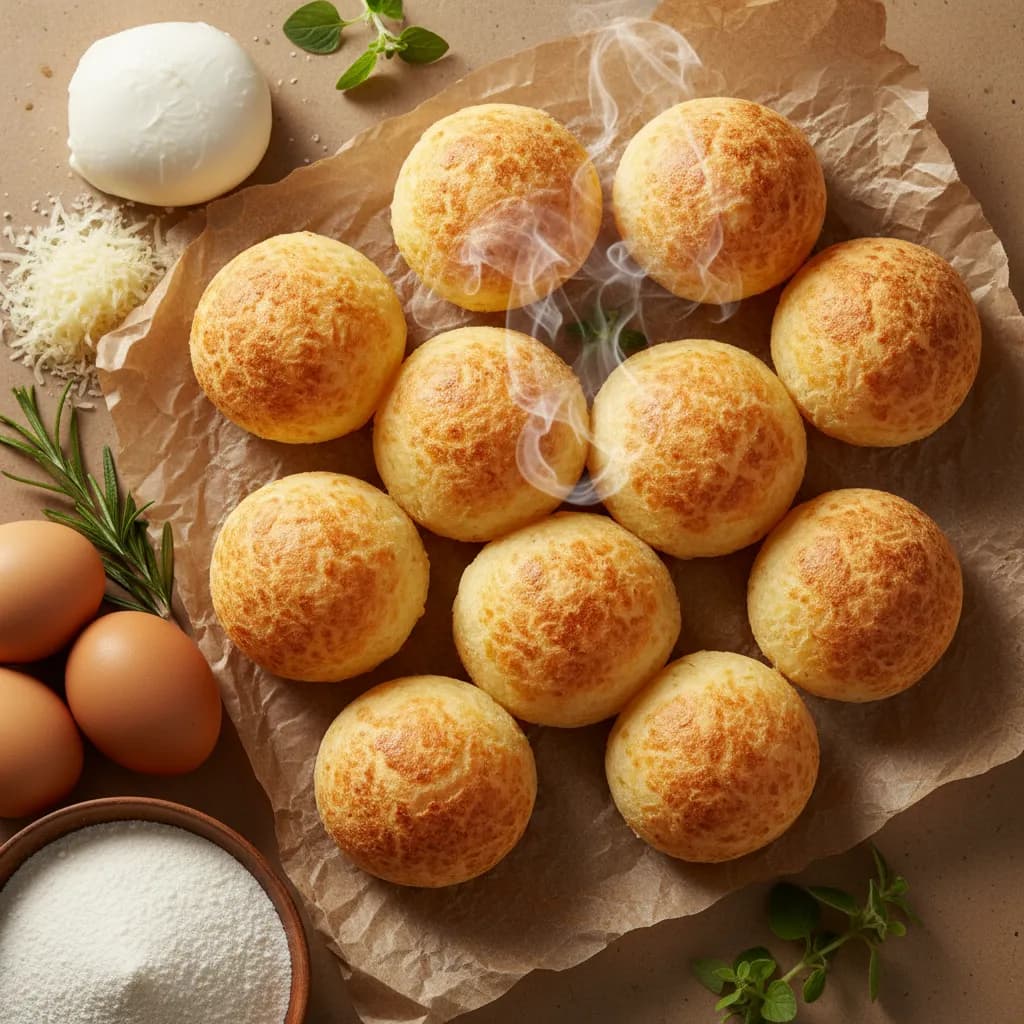 Pão de queijo dourado recém-assado com ingredientes frescos e papel kraft ao fundo