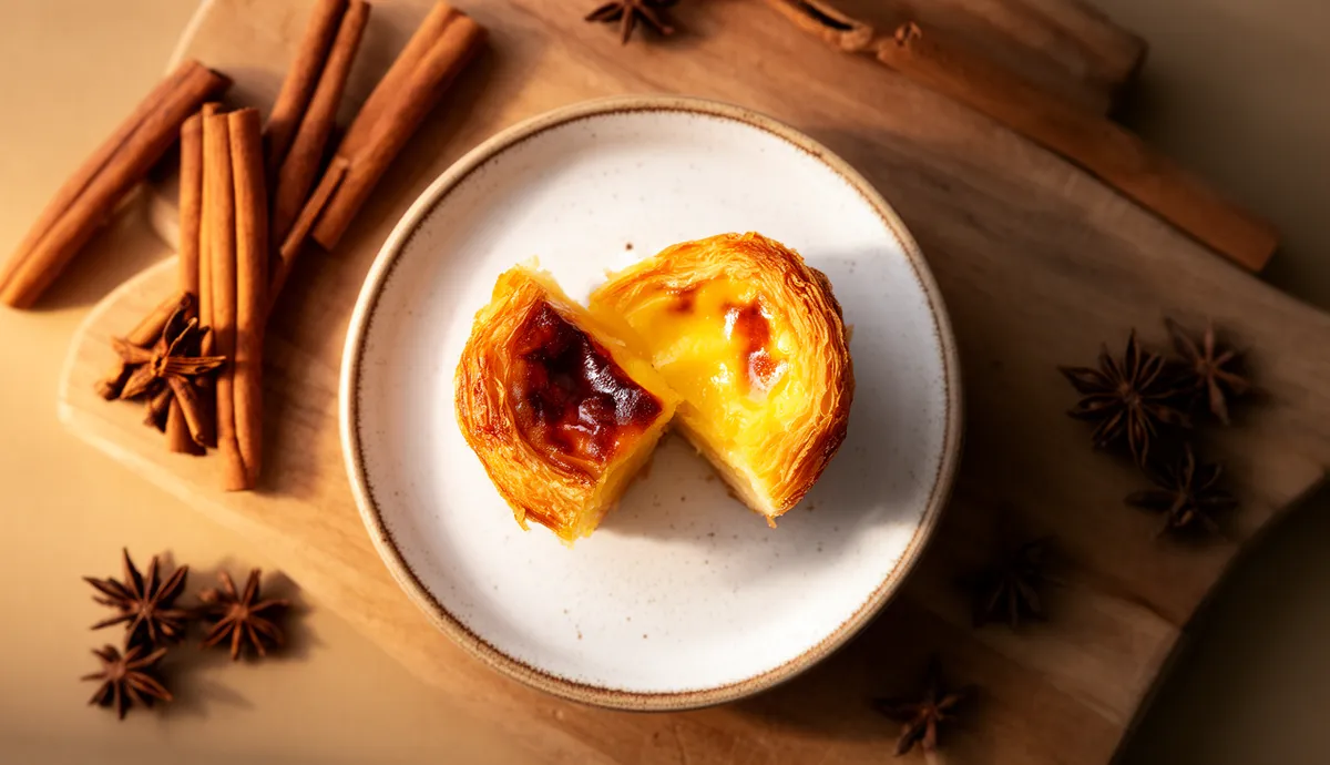 Pastel de Belém dourado com crosta de canela e açúcar caramelizado em prato branco, fotografia profissional