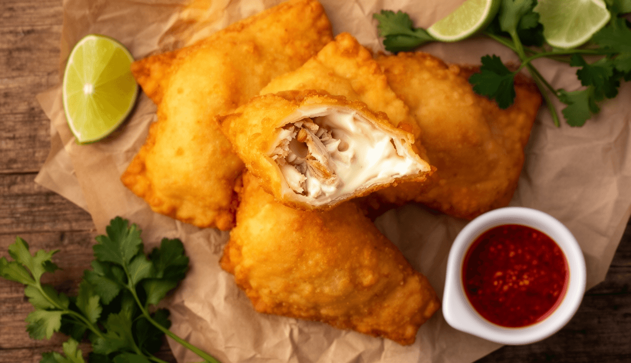 Pastéis fritos com recheio de frango e catupiry sobre papel kraft com limão e molho de pimenta