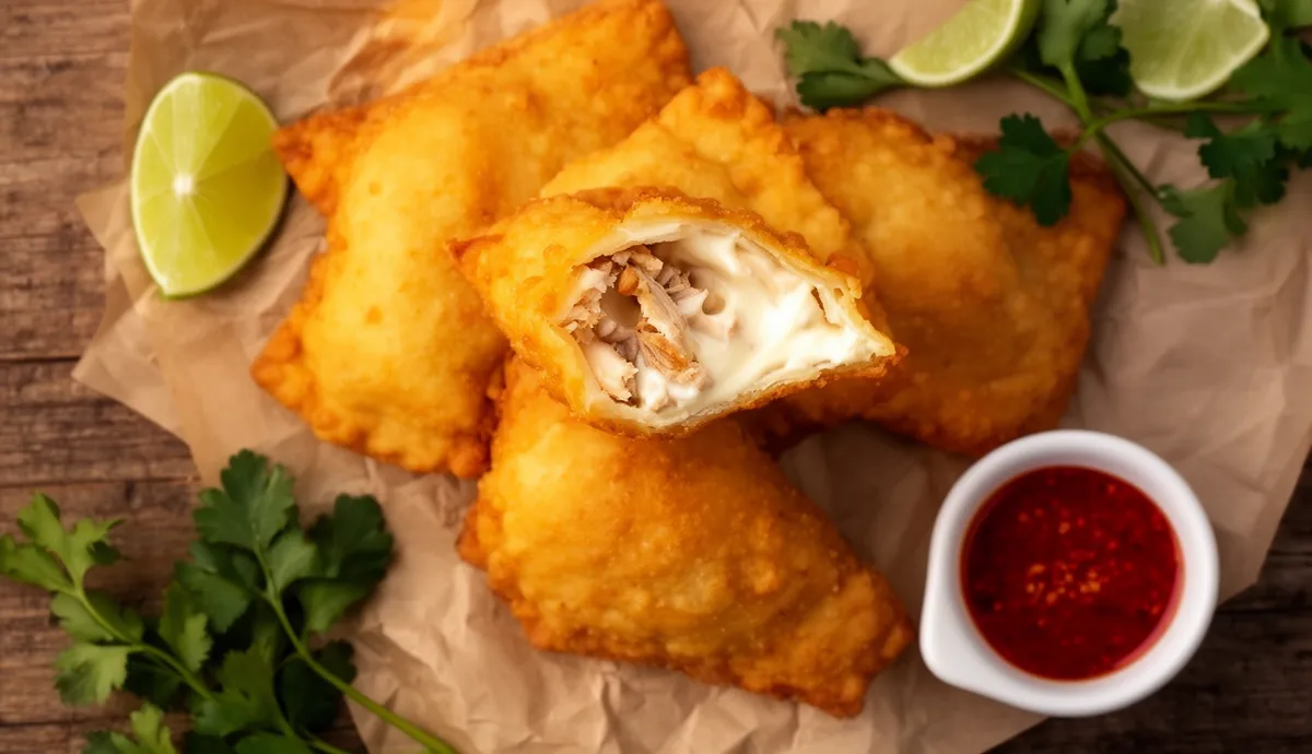 Pastéis fritos com recheio de frango e catupiry sobre papel kraft com limão e molho de pimenta