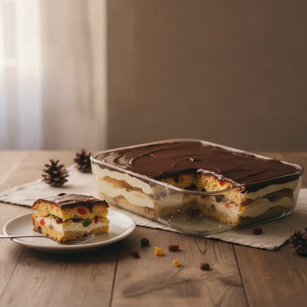 Pavê de panetone numa travessa de vidro com camadas de creme branco e fatias de panetone com frutas cristalizadas, cobertura de chocolate e uma porção servida