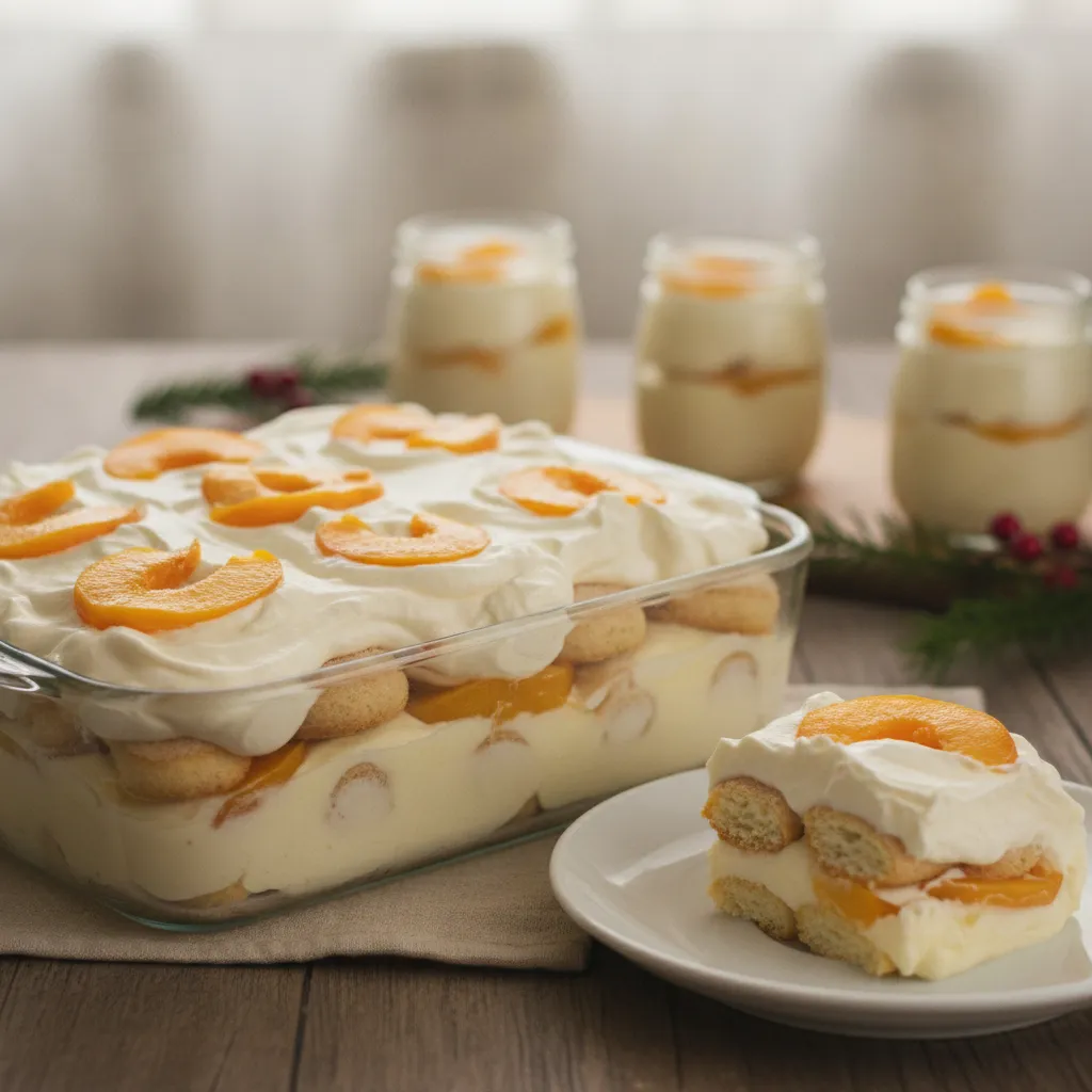 Pavê de pêssego numa travessa de vidro com camadas de creme, bolacha champanhe e pêssego, cobertura de chantili, e potes individuais ao fundo