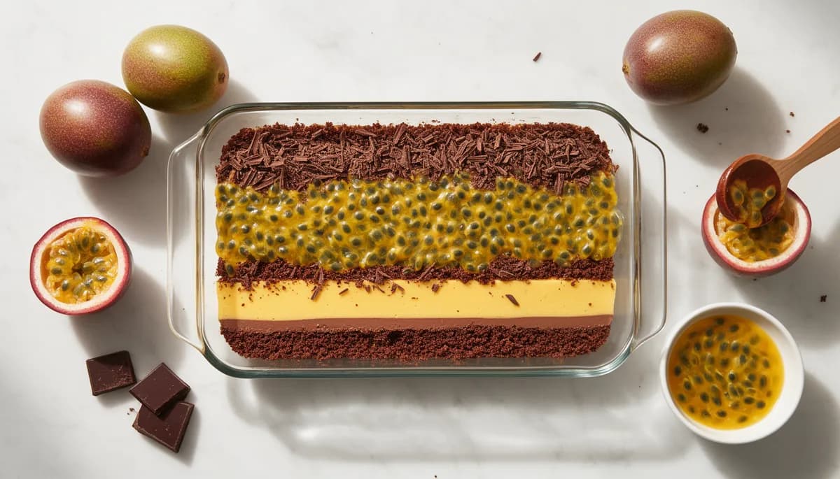 Pavê de maracujá com chocolate em camadas em travessa de vidro com ingredientes ao redor