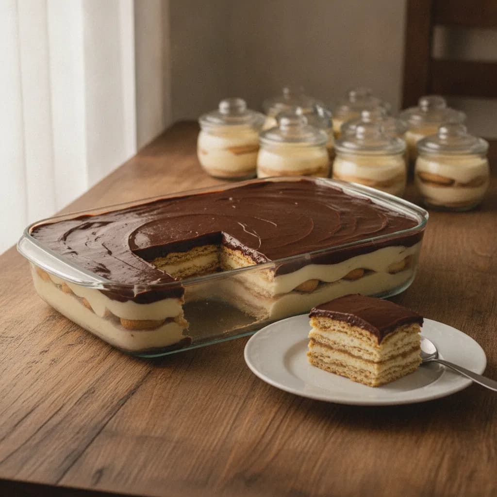 Pavê tradicional numa travessa de vidro com camadas de creme branco, bolacha maisena e cobertura de chocolate, com potes individuais de pavê para venda ao fundo