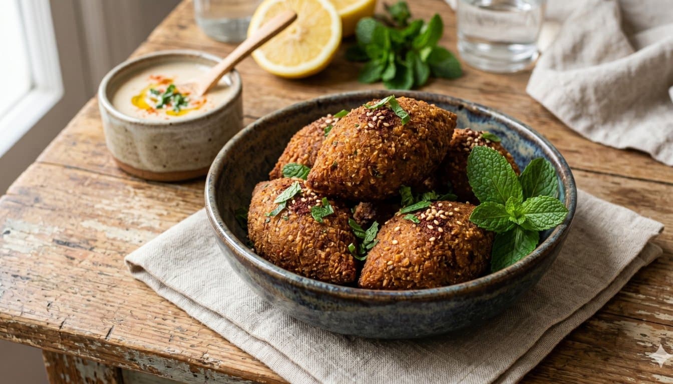 Quibe frito dourado em tigela cerâmica com hortelã fresca e molho de tahine ao fundo