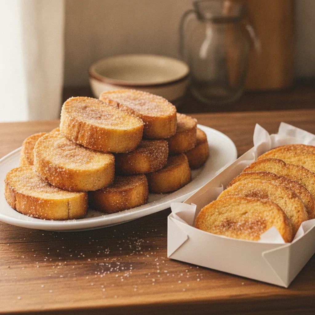 Rabanadas tradicionais passadas em açúcar e canela numa travessa branca, ao lado de uma bandeja de rabanadas embalada para venda