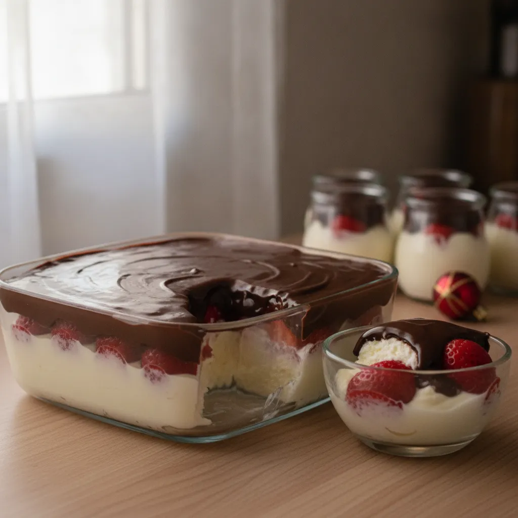 Bombom de morango na travessa com creme branco, morangos e ganache de chocolate, com potes individuais e enfeite de Natal ao fundo