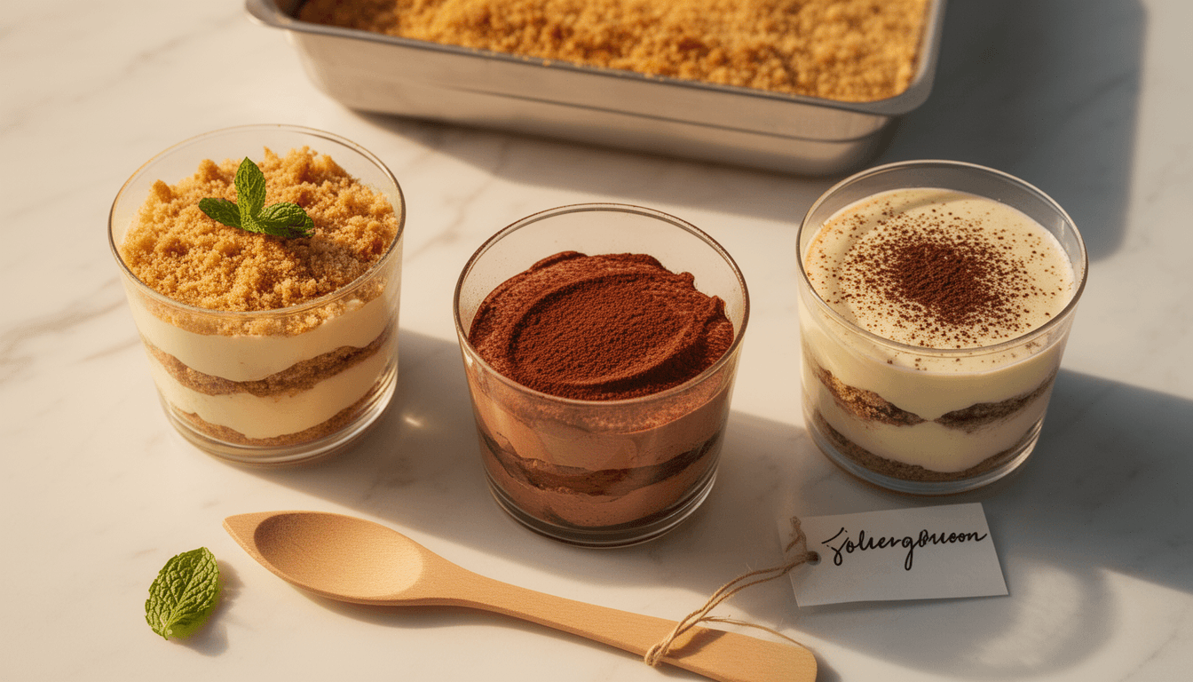 Três sobremesas em taça com pavê, mousse de chocolate e tiramisuá em copos de vidro, iluminação natural quente, styling profissional