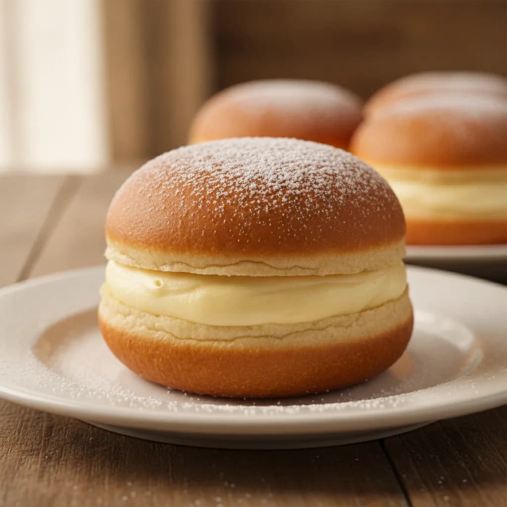 Sonho de padaria polvilhado com açúcar de confeiteiro, com a faixa de creme de confeiteiro aparecendo pela lateral