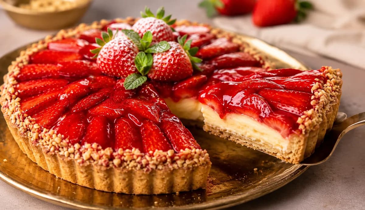 Torta de morango inteira com uma fatia cortada, morangos fatiados cobertos por gelatina vermelha brilhante sobre recheio de creme claro, servida em prato dourado