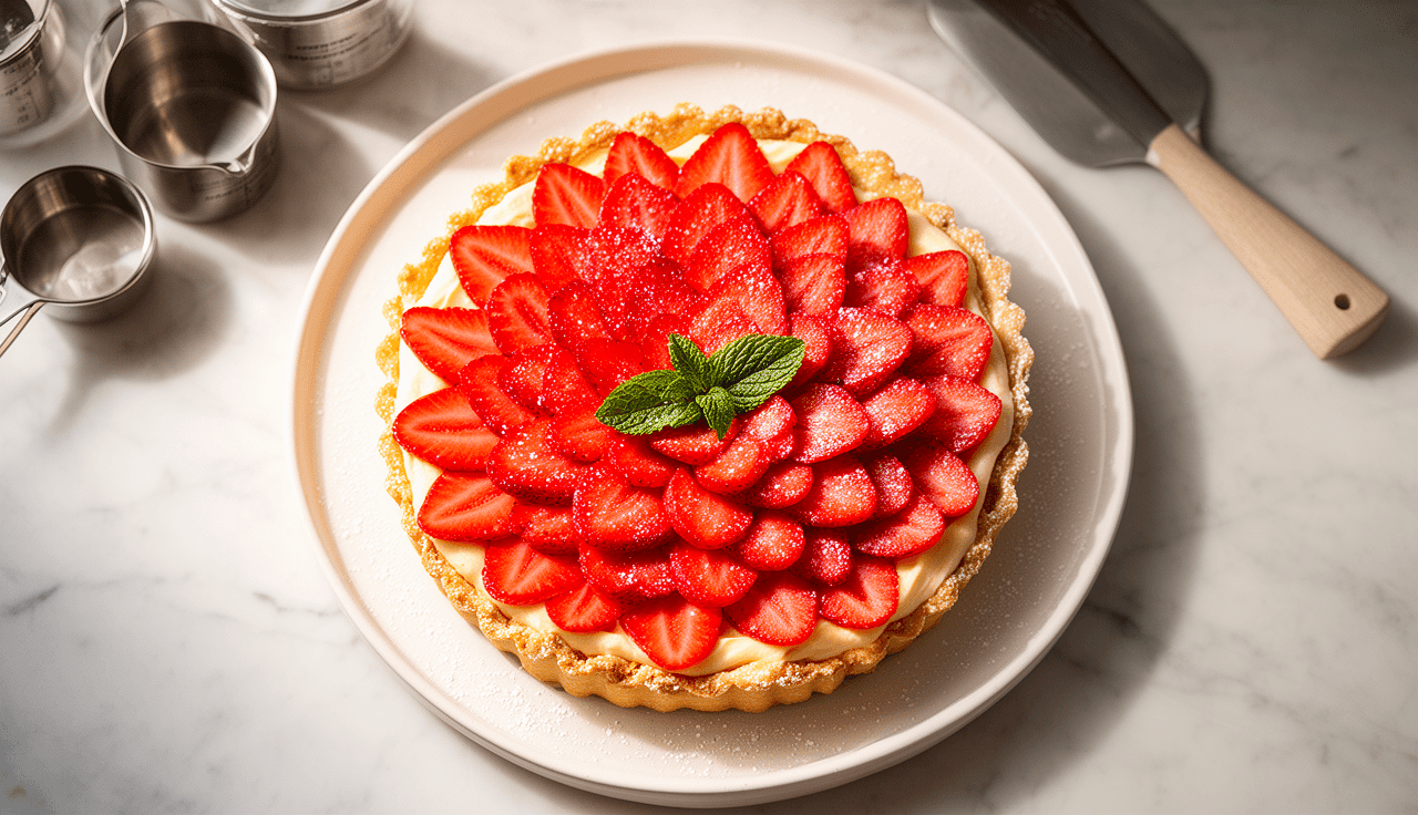 Torta de morango em fatia com camadas de massa folhada, creme e morangos vermelhos frescos sobre prato branco