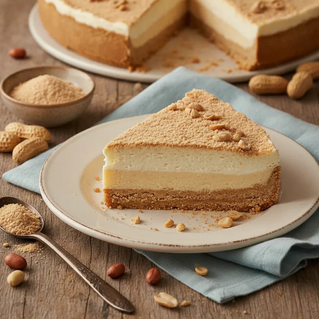 Torta gelada de paçoca e amendoim com fatia exposta mostrando camadas cremosas, cobertura de paçoca caramelizada e amendoins ao redor em mesa de madeira