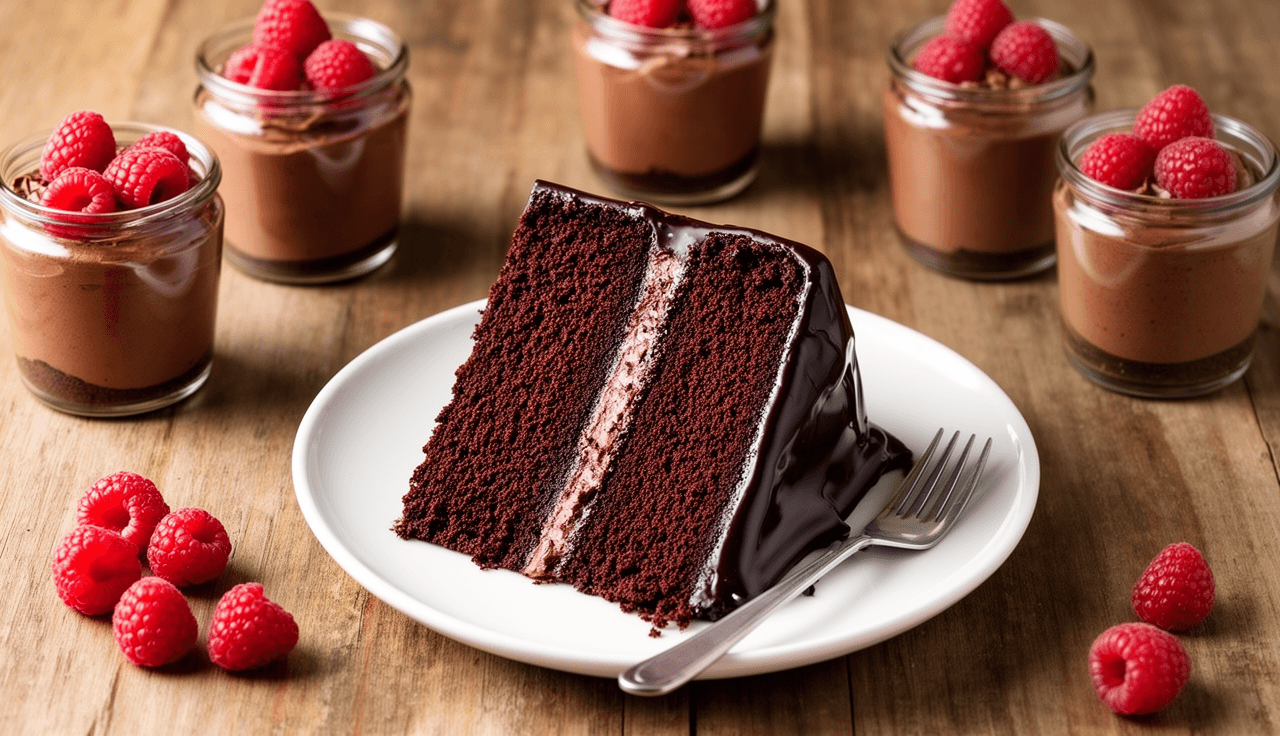 Torta holandesa em fatia sobre prato branco com cobertura de ganache brilhante, potes de sobremesa em vidro ao fundo, raspberries vermelhas como decoração