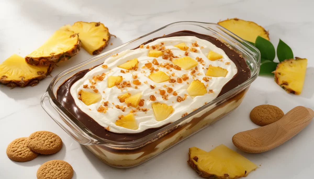 Travessa de abacaxi com chocolate em camadas: biscoito maisena, recheio cremoso e cobertura de chocolate ganache brilhante em prato de vidro retangular