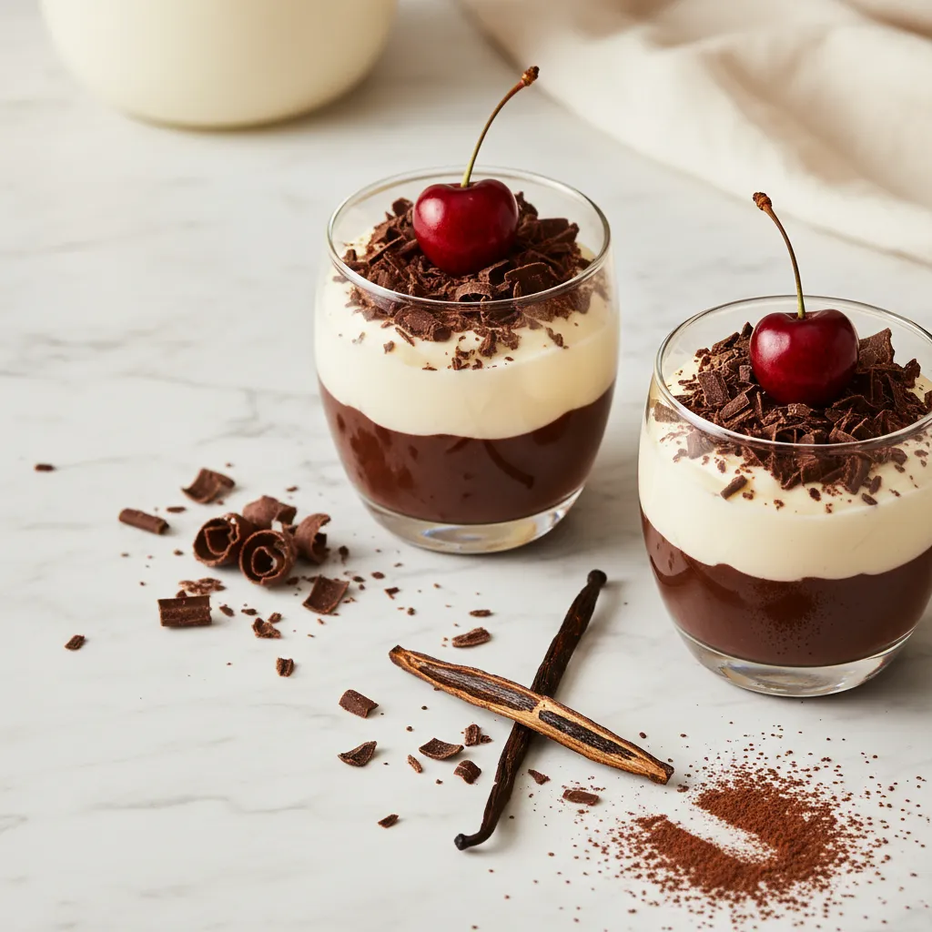 Duas verrines de vidro com camadas de mousse de chocolate escuro e baunilha, decoradas com raspas de chocolate e cereja vermelha, sobre superfície de mármore branco