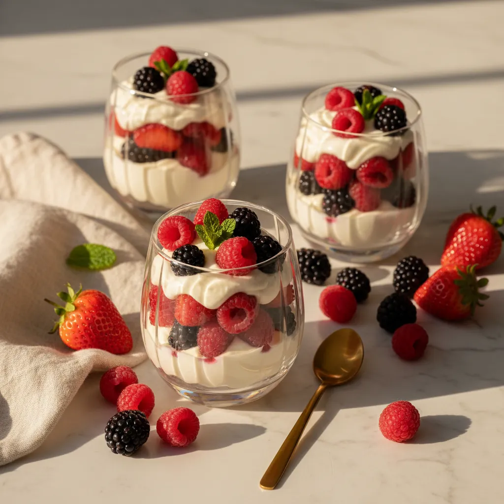 Três verrines de frutas vermelhas em copos transparentes com camadas de mousse e frutas frescas sobre superfície de mármore